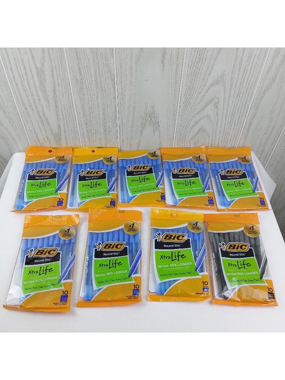 9 Pack BiC Round Stic Xtra Life Ball Pen, Medium, 1 Black, 8 Blue , 10 Ct Ea